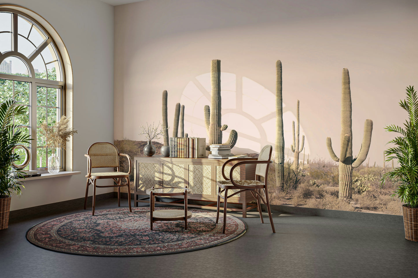 Soft cactus field wallpaper in muted pink tones

