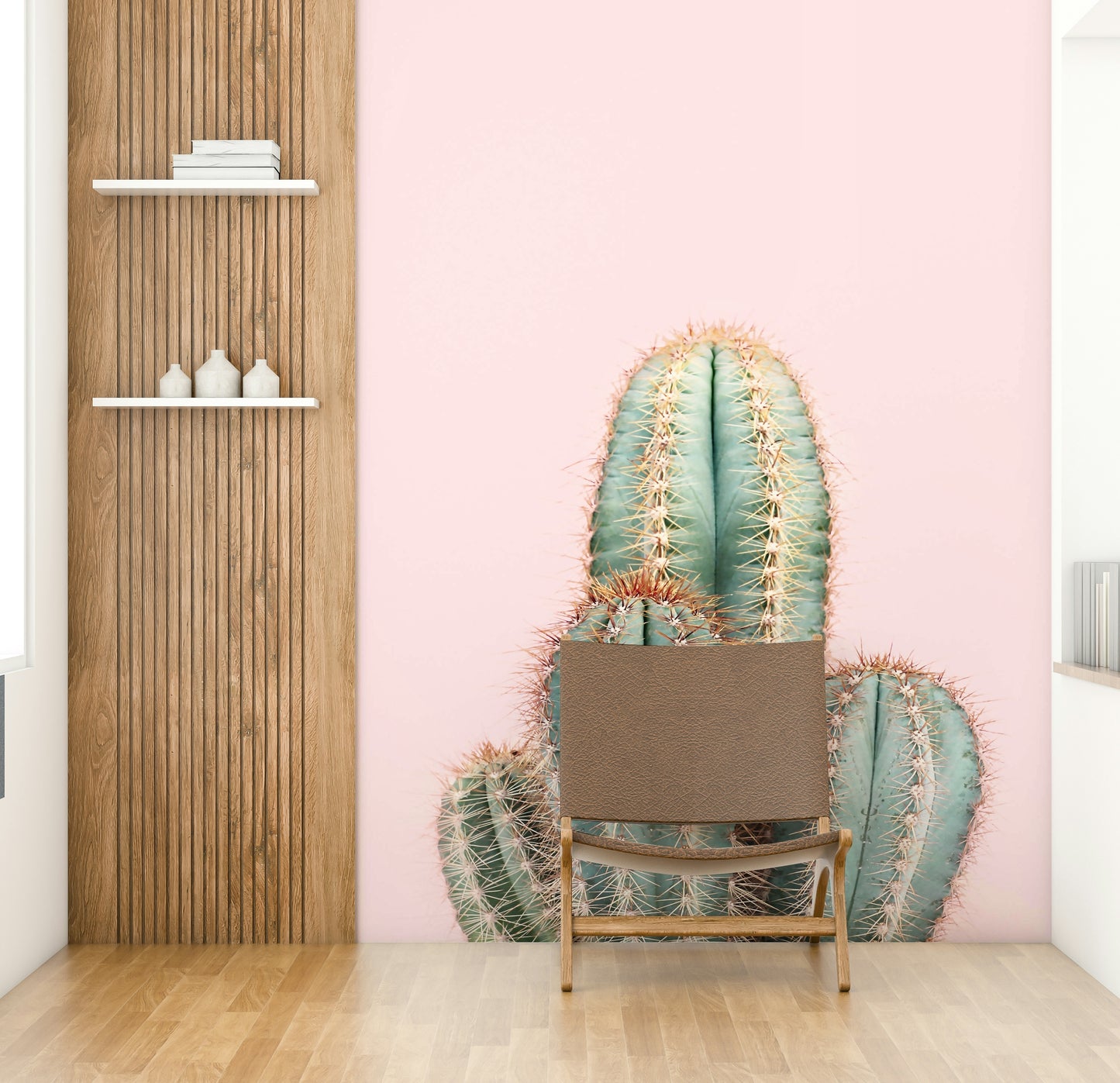 Nature-inspired blush cactus mural for bedrooms

