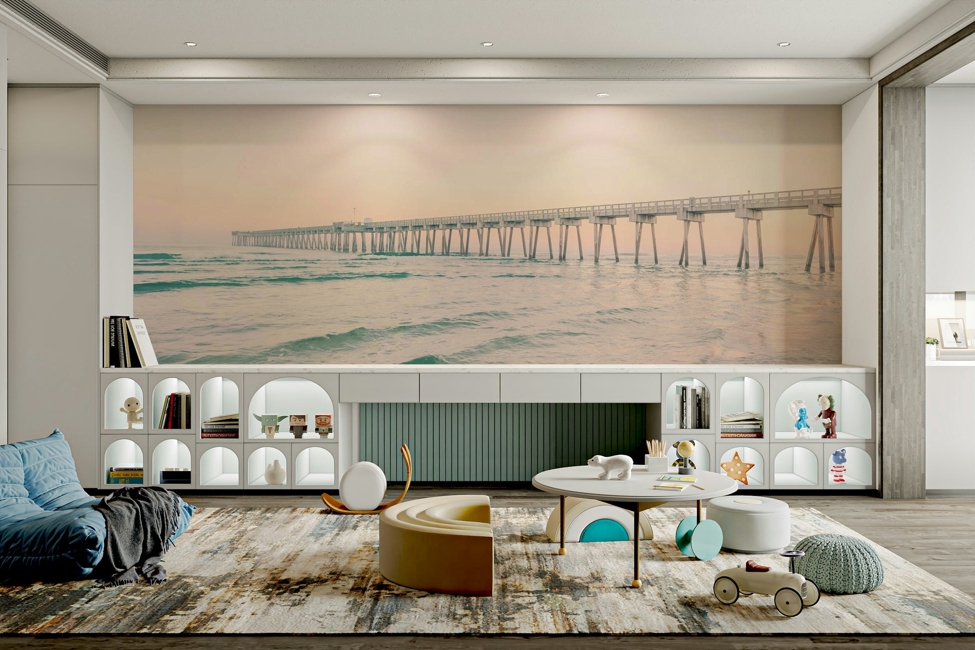 Peaceful pier wallpaper with sunset colors

