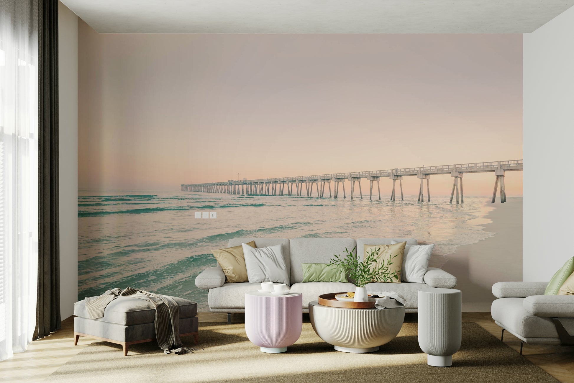 Bedroom with peaceful pier sunset wallpaper

