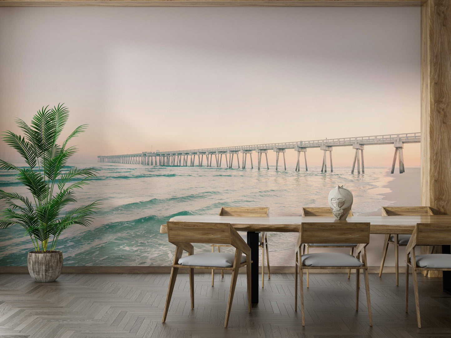 Sunset over the ocean mural with tranquil pier

