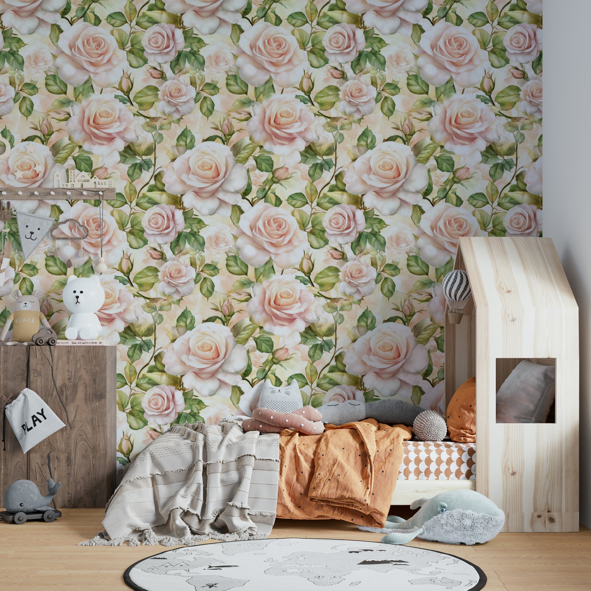 Full bloom roses on wallpaper for a romantic and elegant room.

