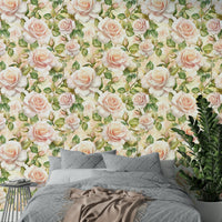 Classic rose floral wallpaper for living rooms or bedrooms.

