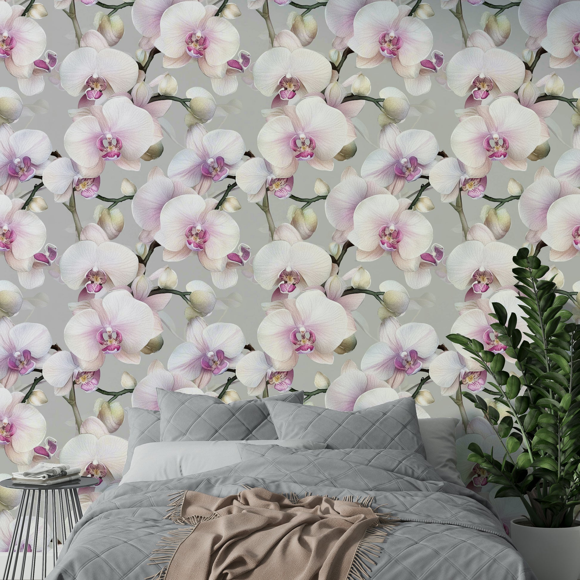 Orchid flower wallpaper mural for a calming, luxurious look.

