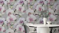 Luxurious orchid floral wall mural on soft, neutral background.

