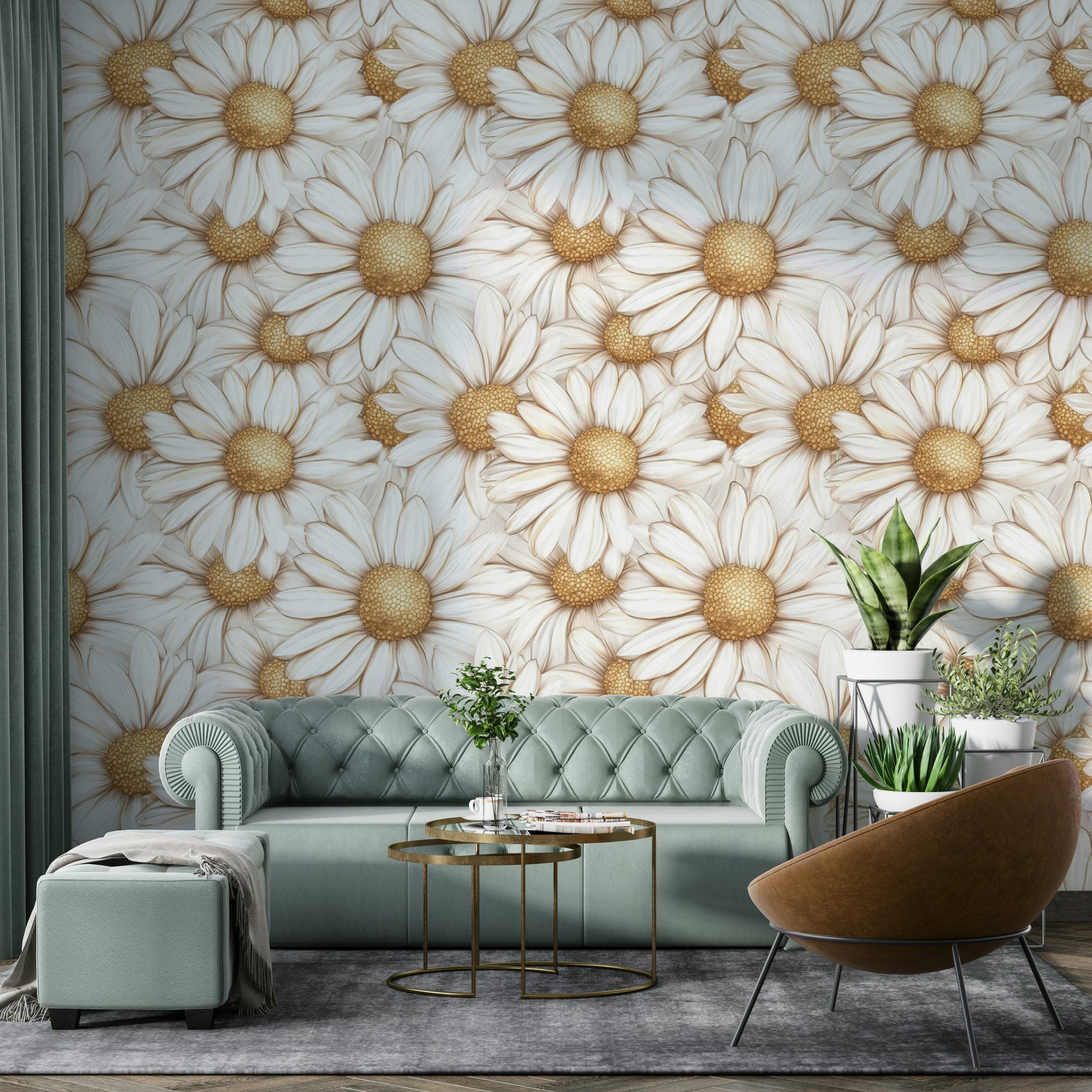 Elegant floral wall mural with golden daisy pattern for rooms.

