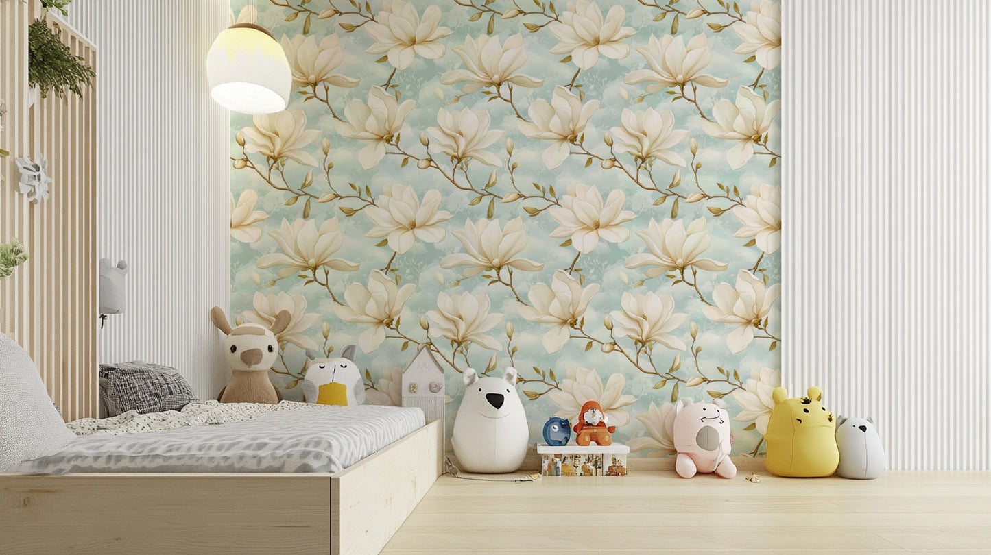 Soft floral wall mural featuring magnolias in light colors.


