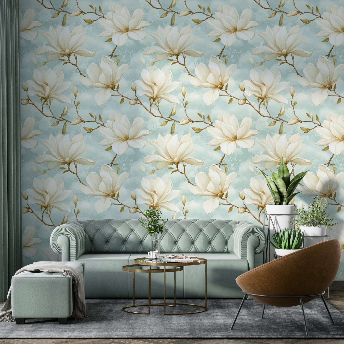 Elegant floral wallpaper featuring magnolias on a pastel background.

