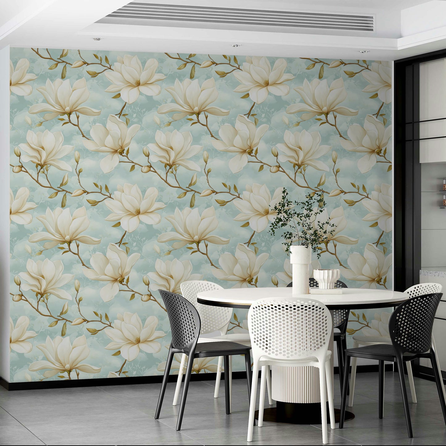Gentle floral design wallpaper with magnolia flowers.

