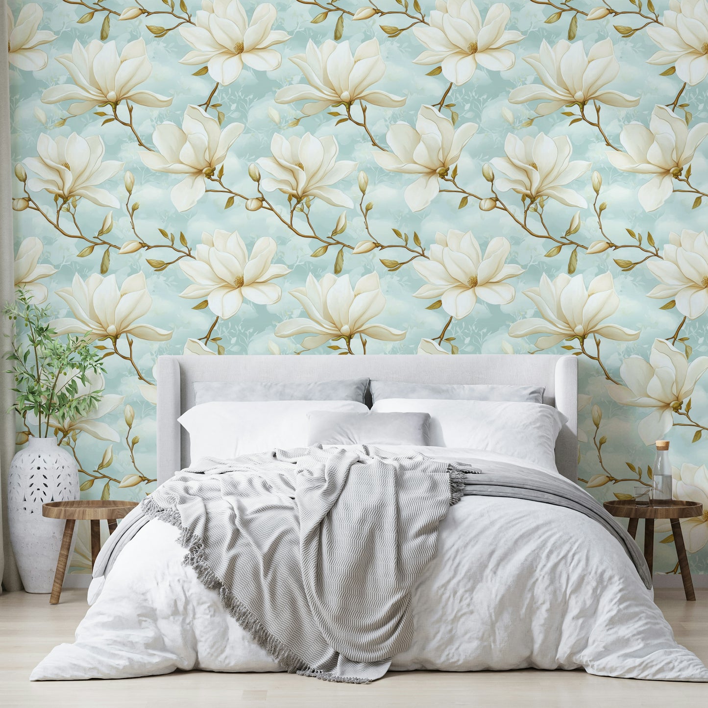 Magnolia Magic wallpaper mural with delicate blooms on a pastel backdrop.

