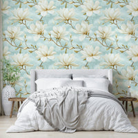 Magnolia Magic wallpaper mural with delicate blooms on a pastel backdrop.

