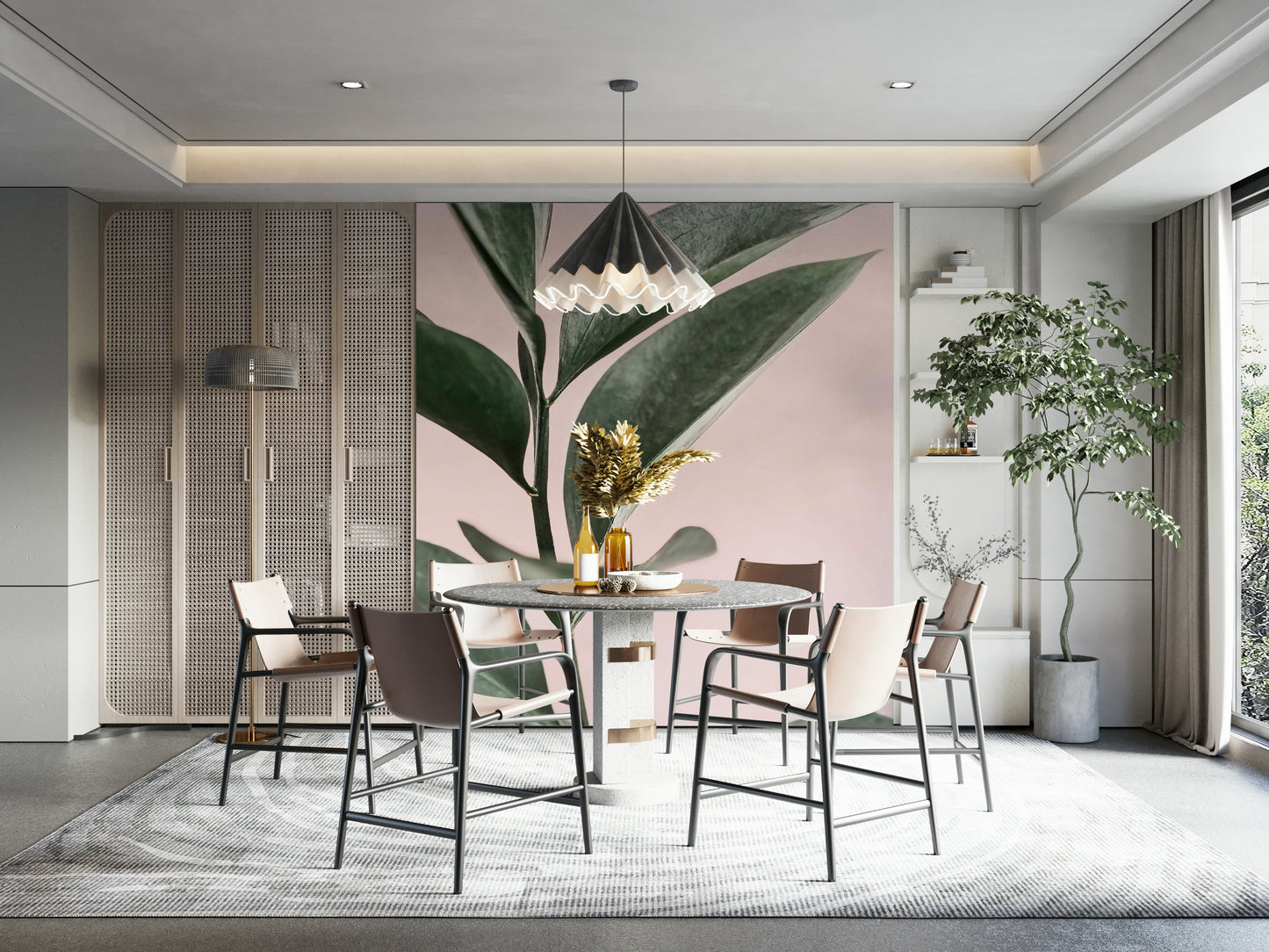 Flowing shape mural in pink and green palette

