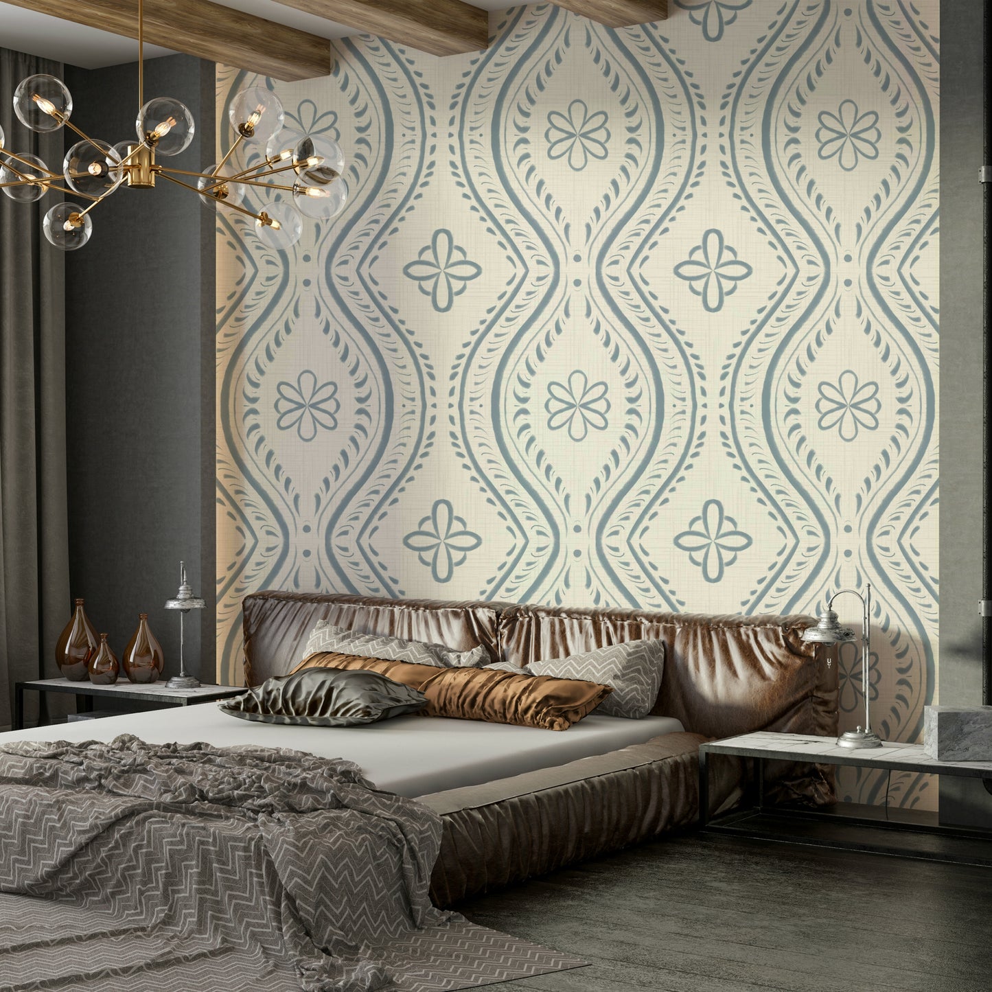 Airy interior with soft damask wallpaper

