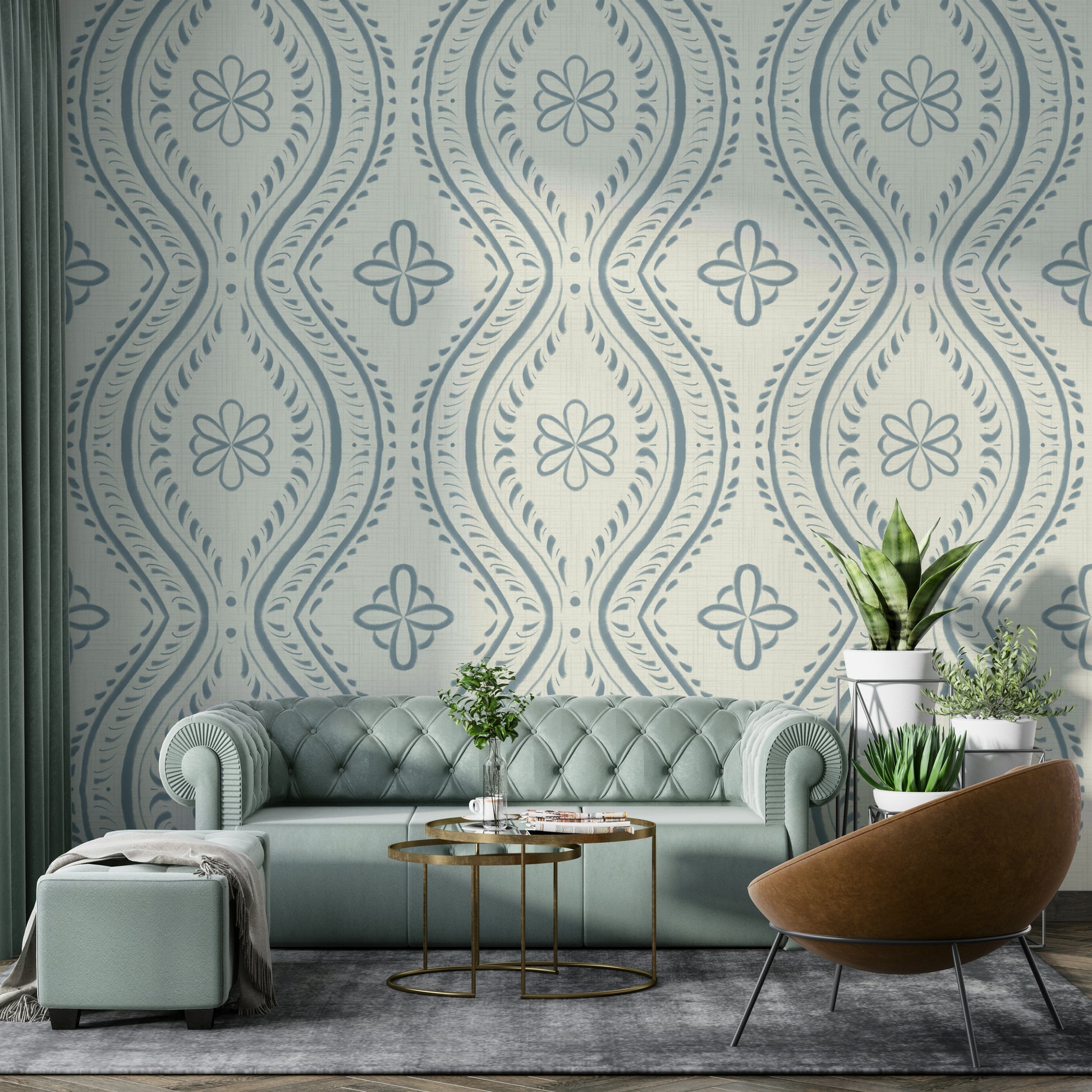 Gently aged blue damask wallpaper for walls

