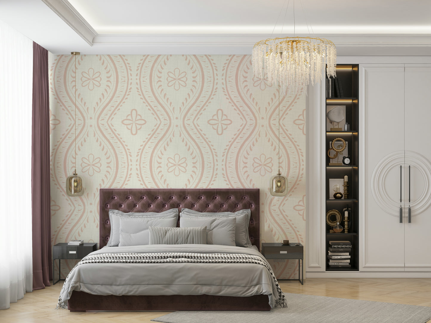 Living room with Cream Tan damask wall mural

