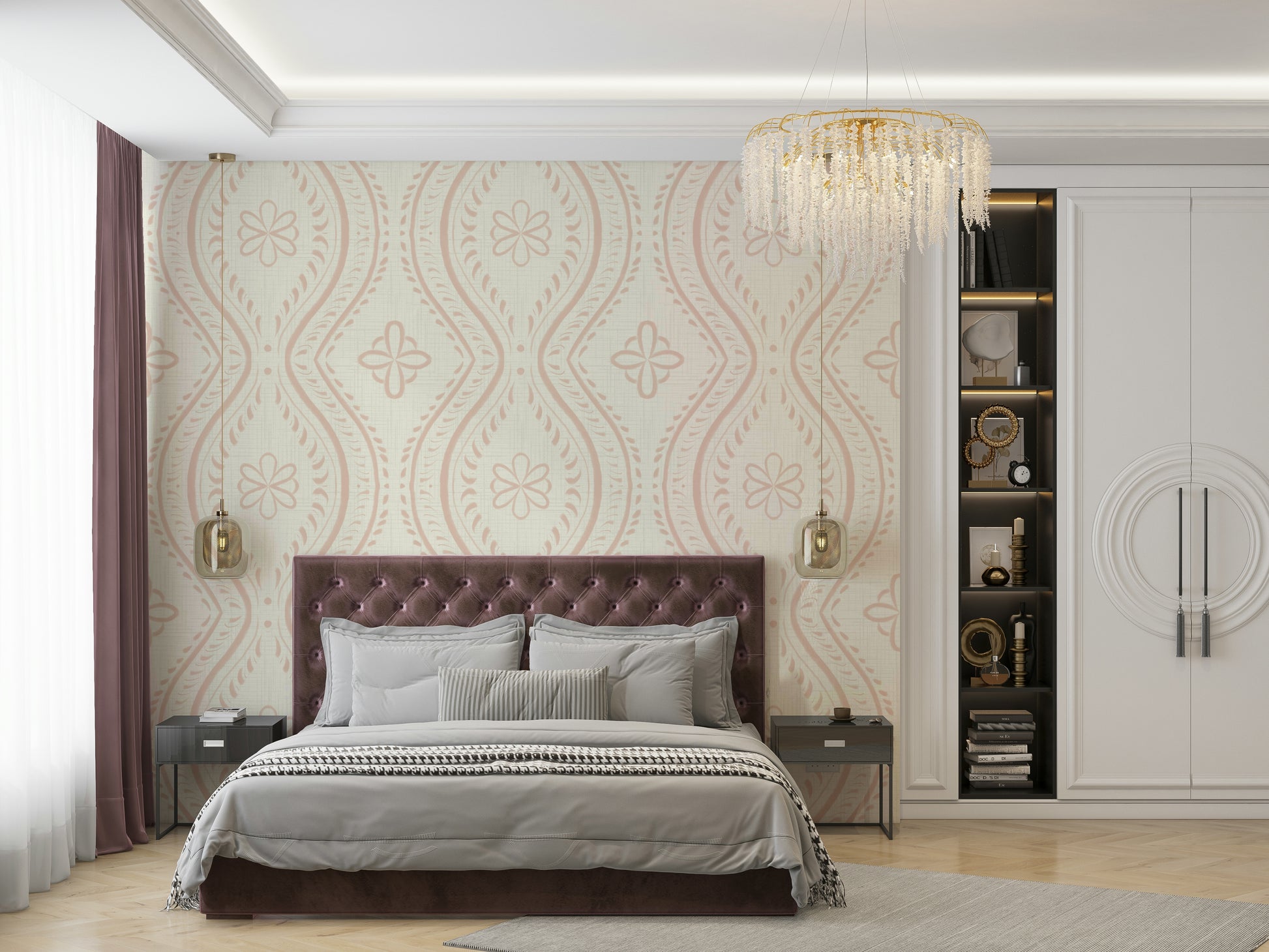 Living room with Cream Tan damask wall mural

