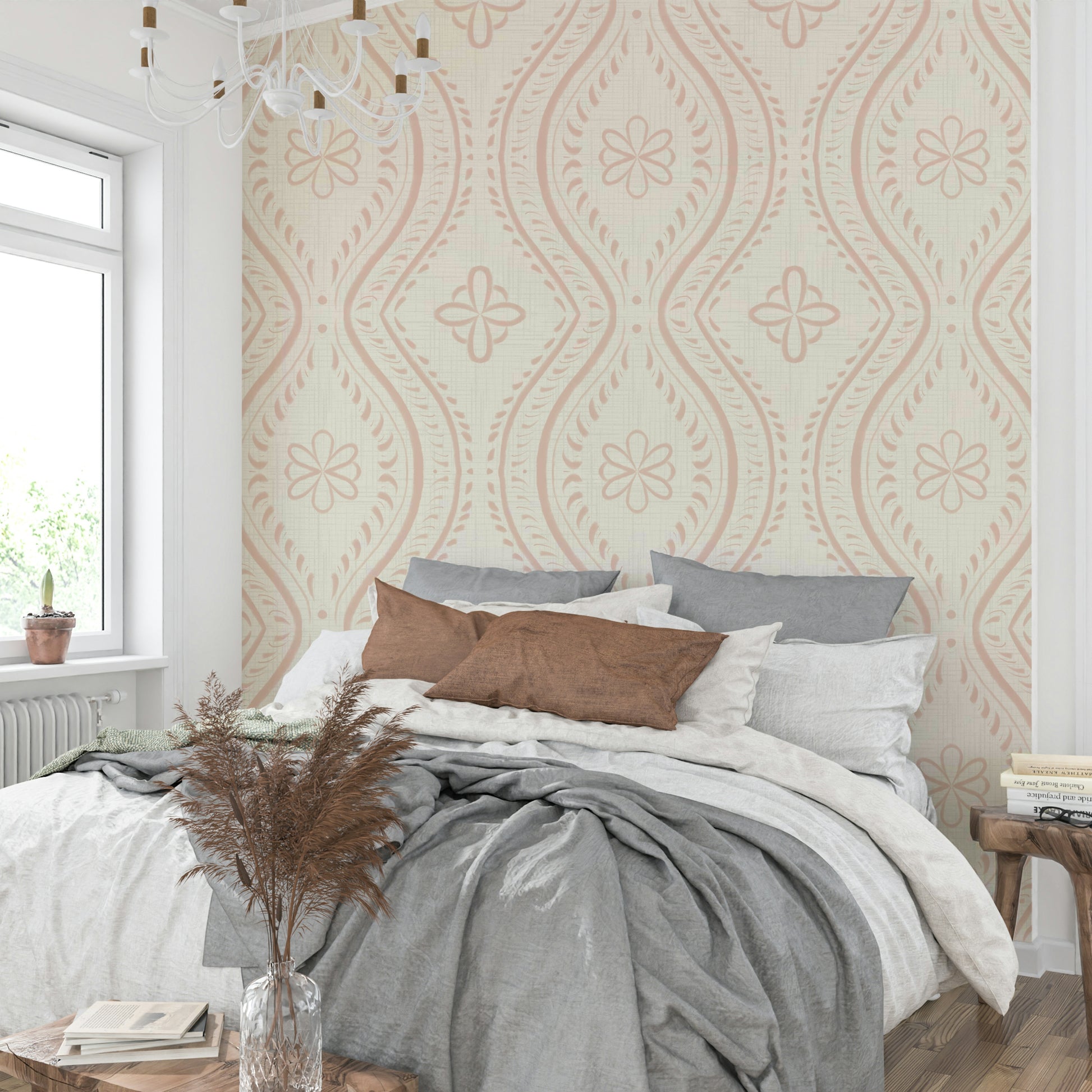 Neutral damask mural wallpaper with soft finish

