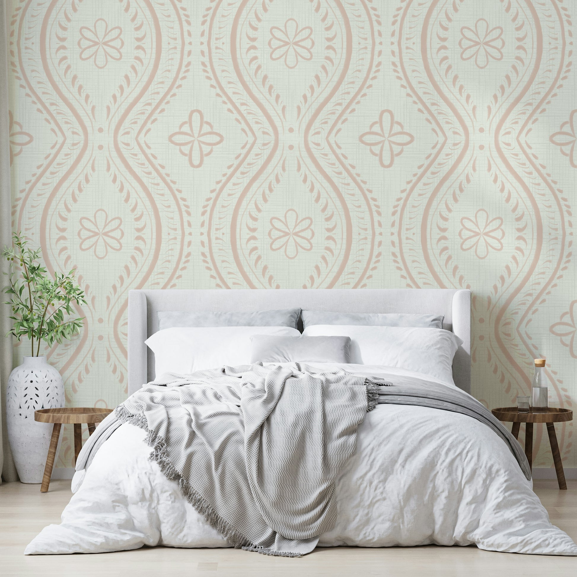 Traditional wallpaper in light tan with faded pattern

