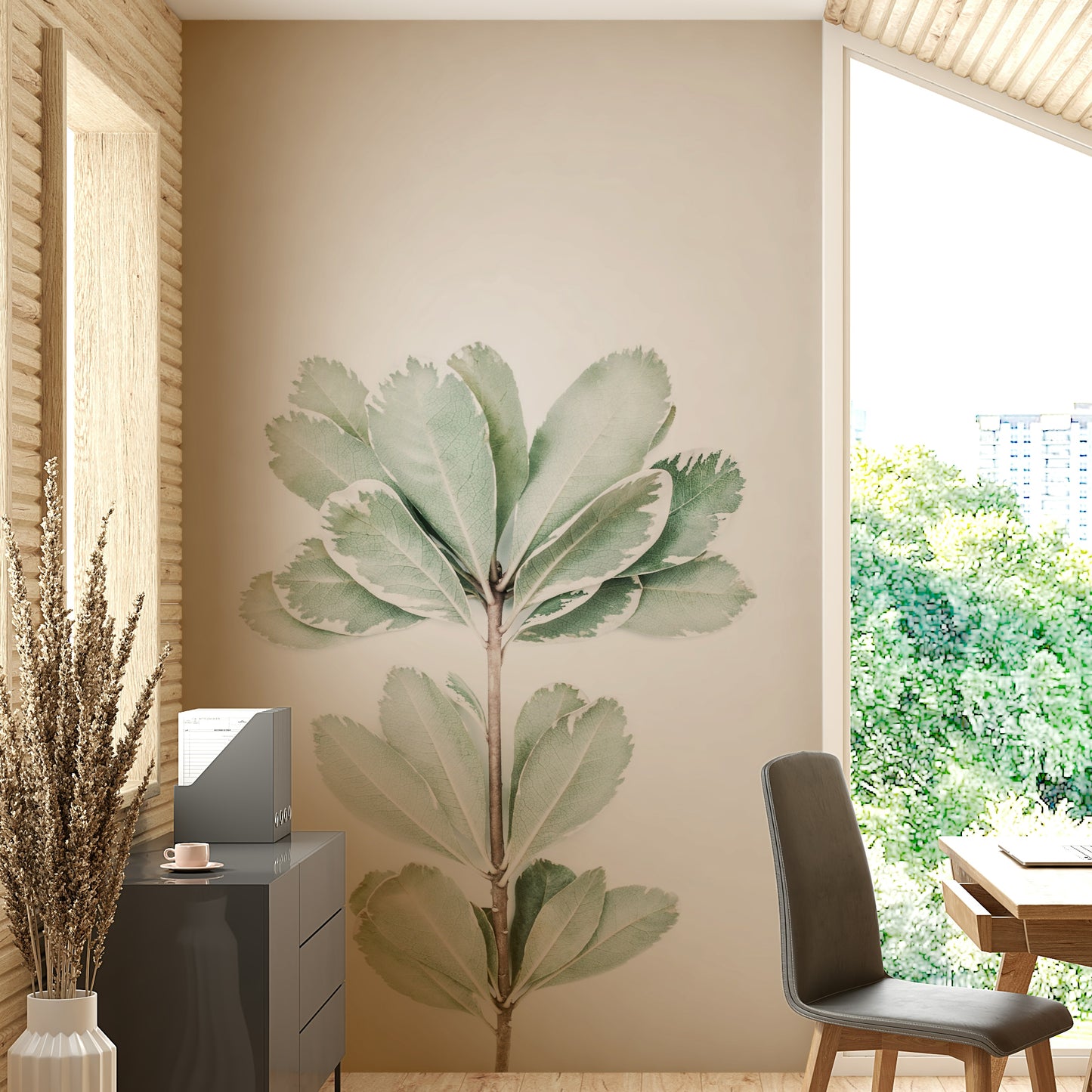 Bedroom with light botanical mural wallpaper

