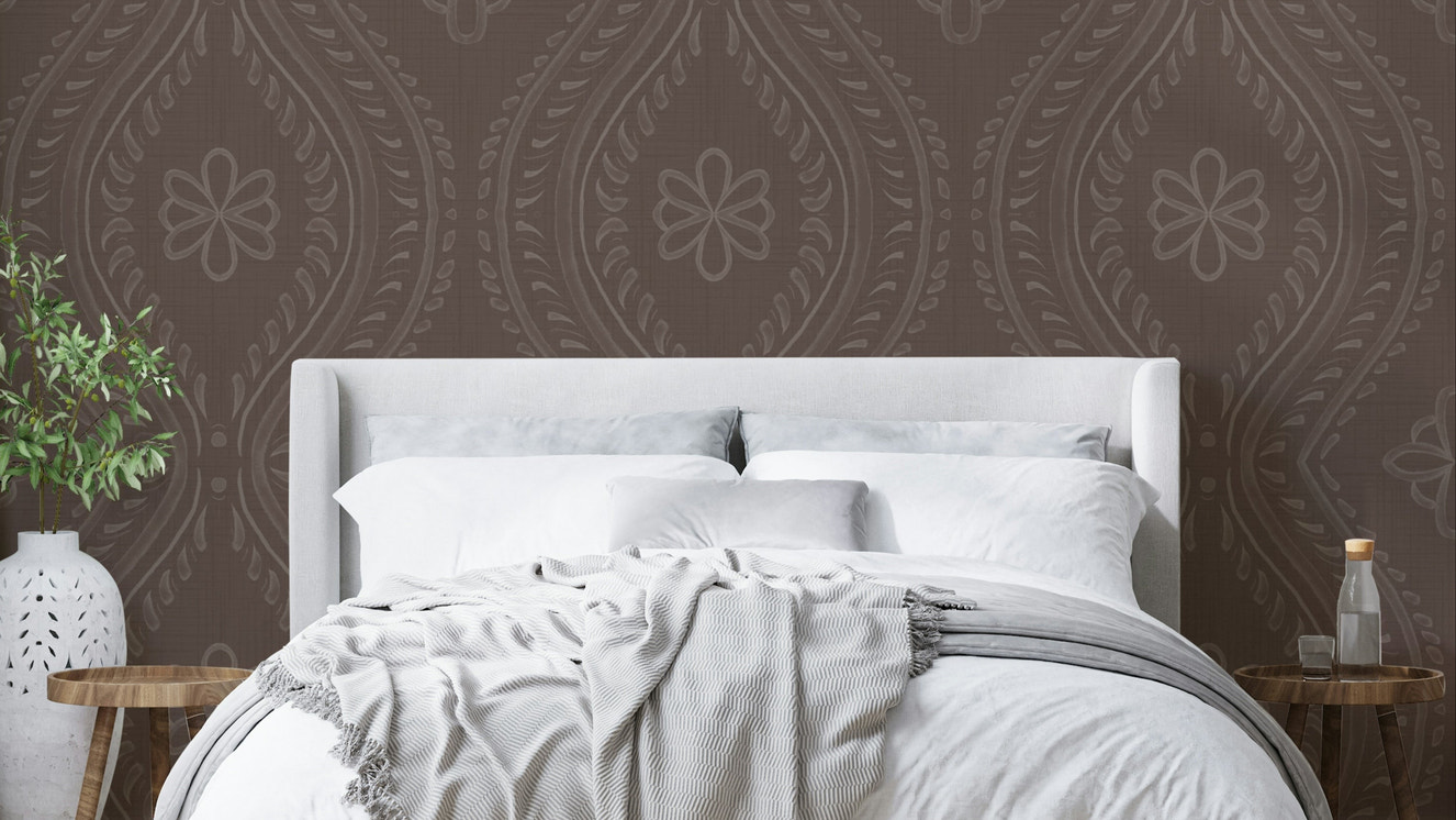 Bedroom styled with brown ogee damask wallpaper

