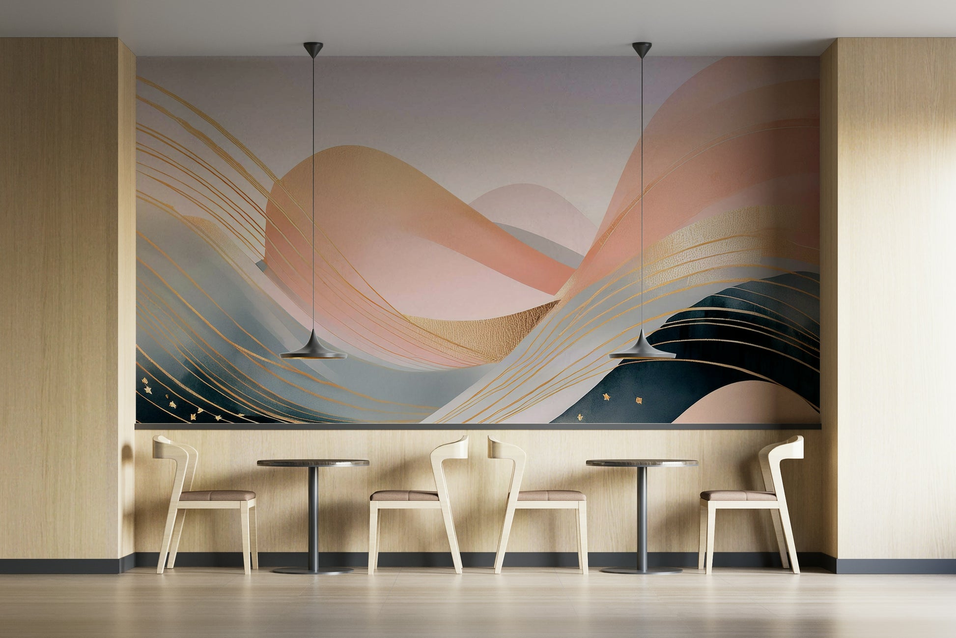 Warm-toned wall mural with flowing abstract lines

