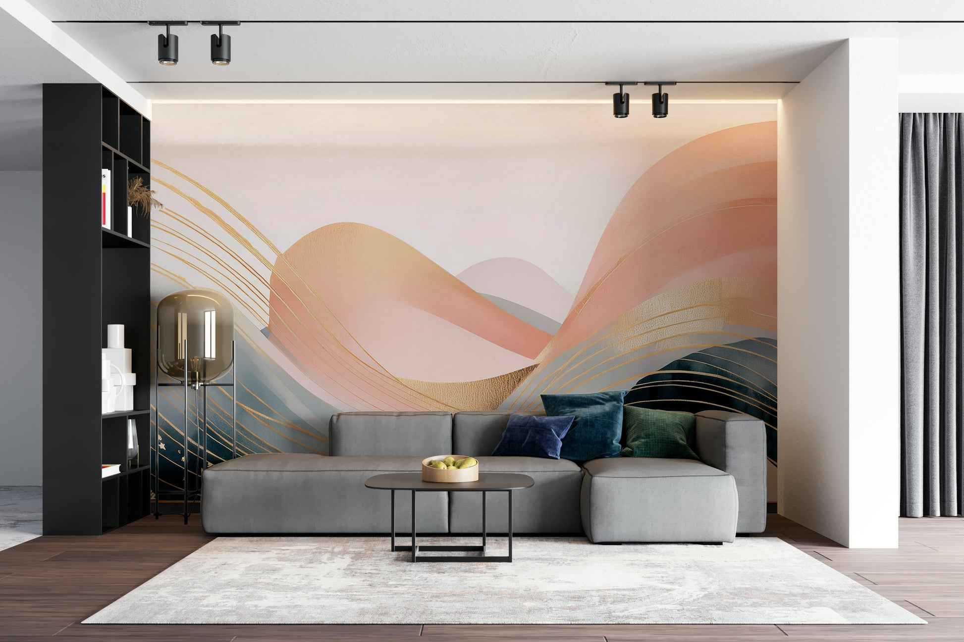 Abstract wave wall mural in warm neutral colors

