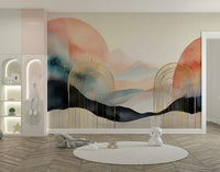 Boho-themed mural with clouds, moons, and shapes

