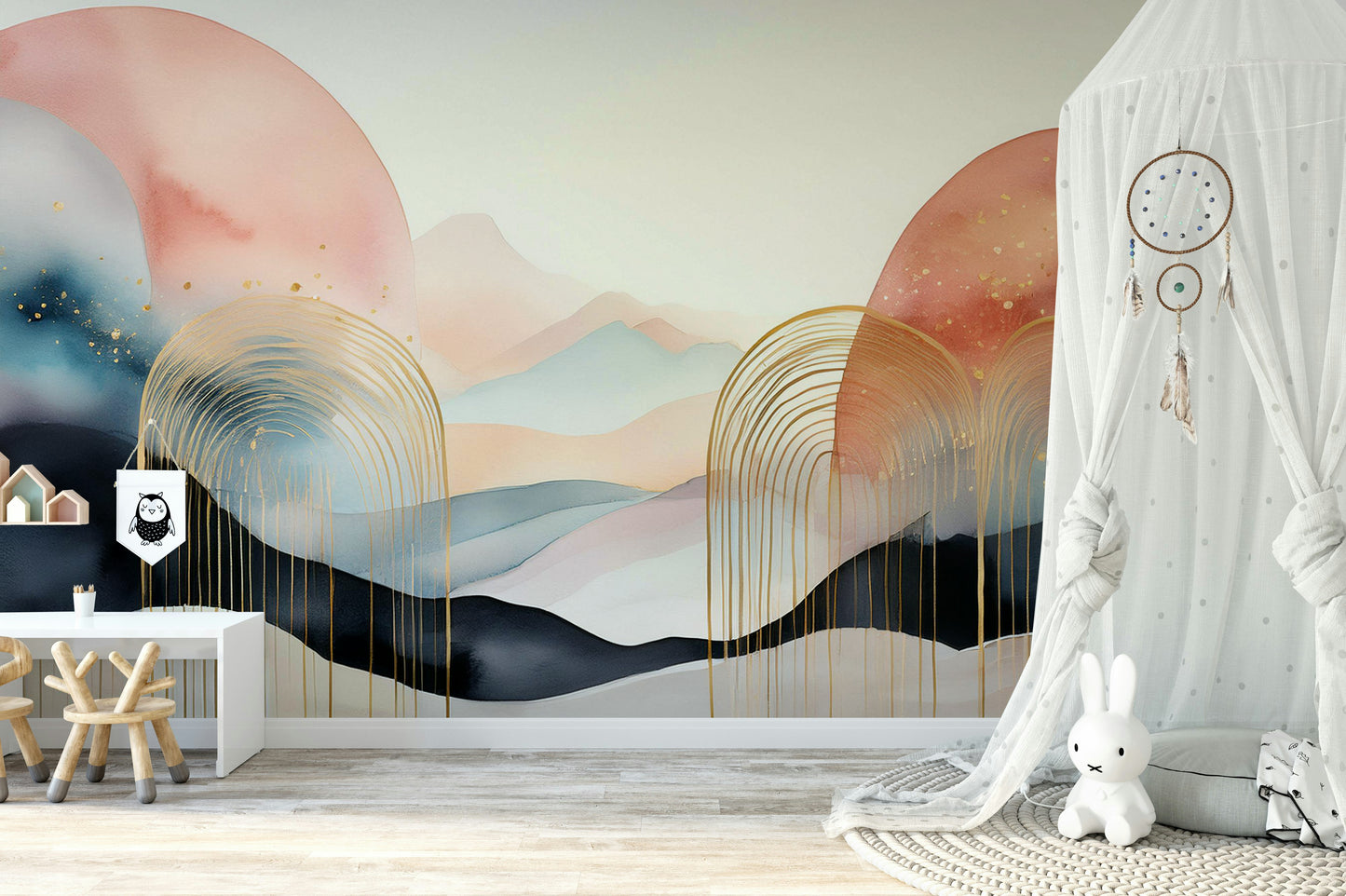 Dreamy landscape mural in modern boho style

