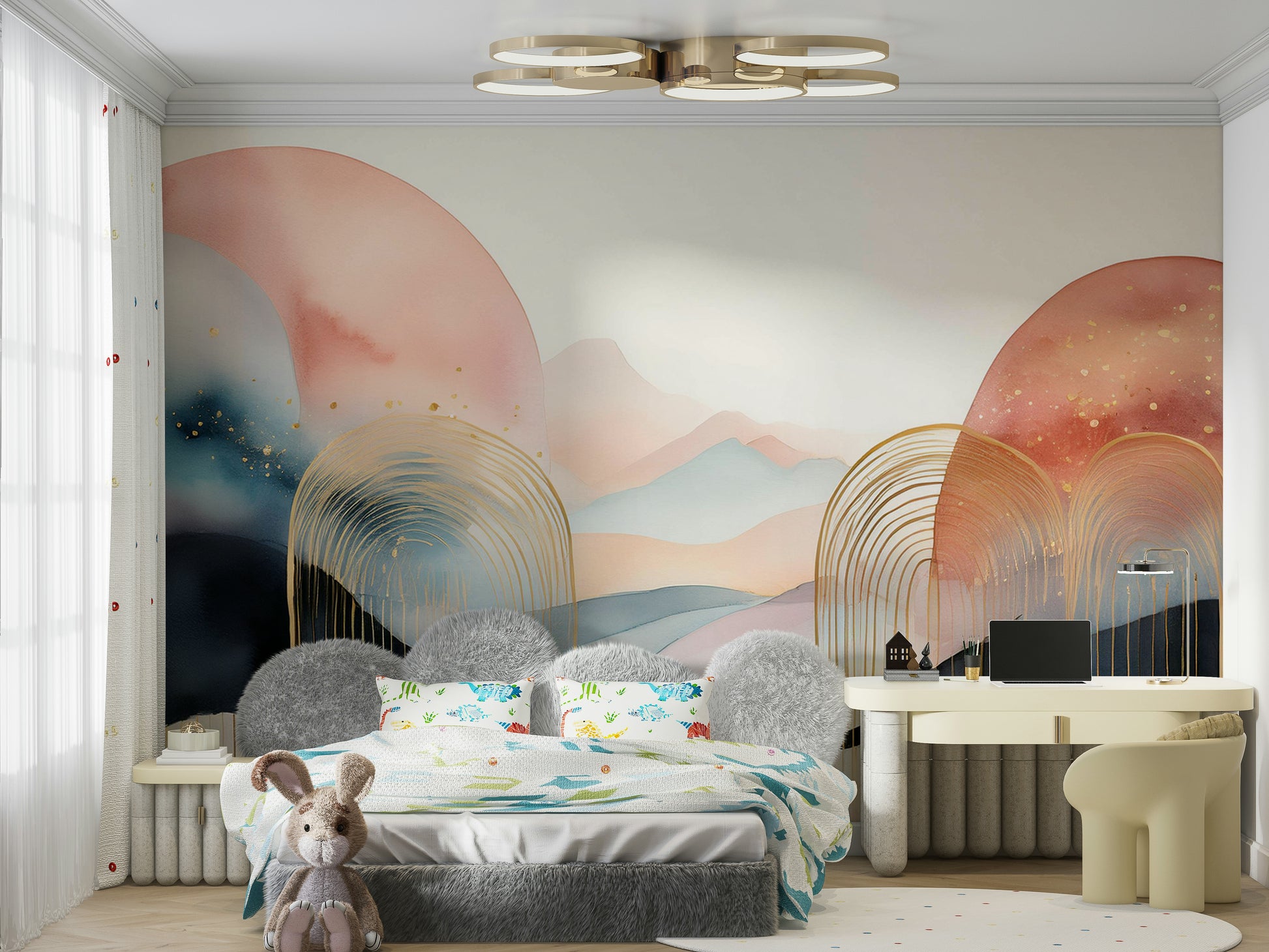 Boho Dreamscape mural featuring moons and hills

