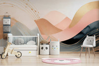 Playful wave pattern mural in pastel boho palette

