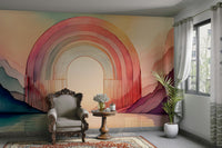 Colorful rainbow arch design in the Rainbow Dream Arches mural.

