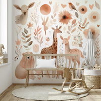 Soft woodland creatures like deer and rabbits in nature-inspired mural.

