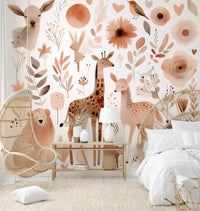 Wild animals amidst greenery in Gentle Wild Haven wall mural.

