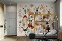 Friendly forest creatures surrounded by trees in wall mural.

