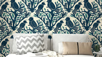 Elegant bird wallpaper with floral forest setting

