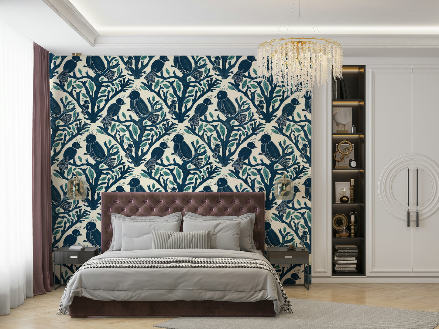 Enchanted bird pattern wallpaper for cozy interiors

