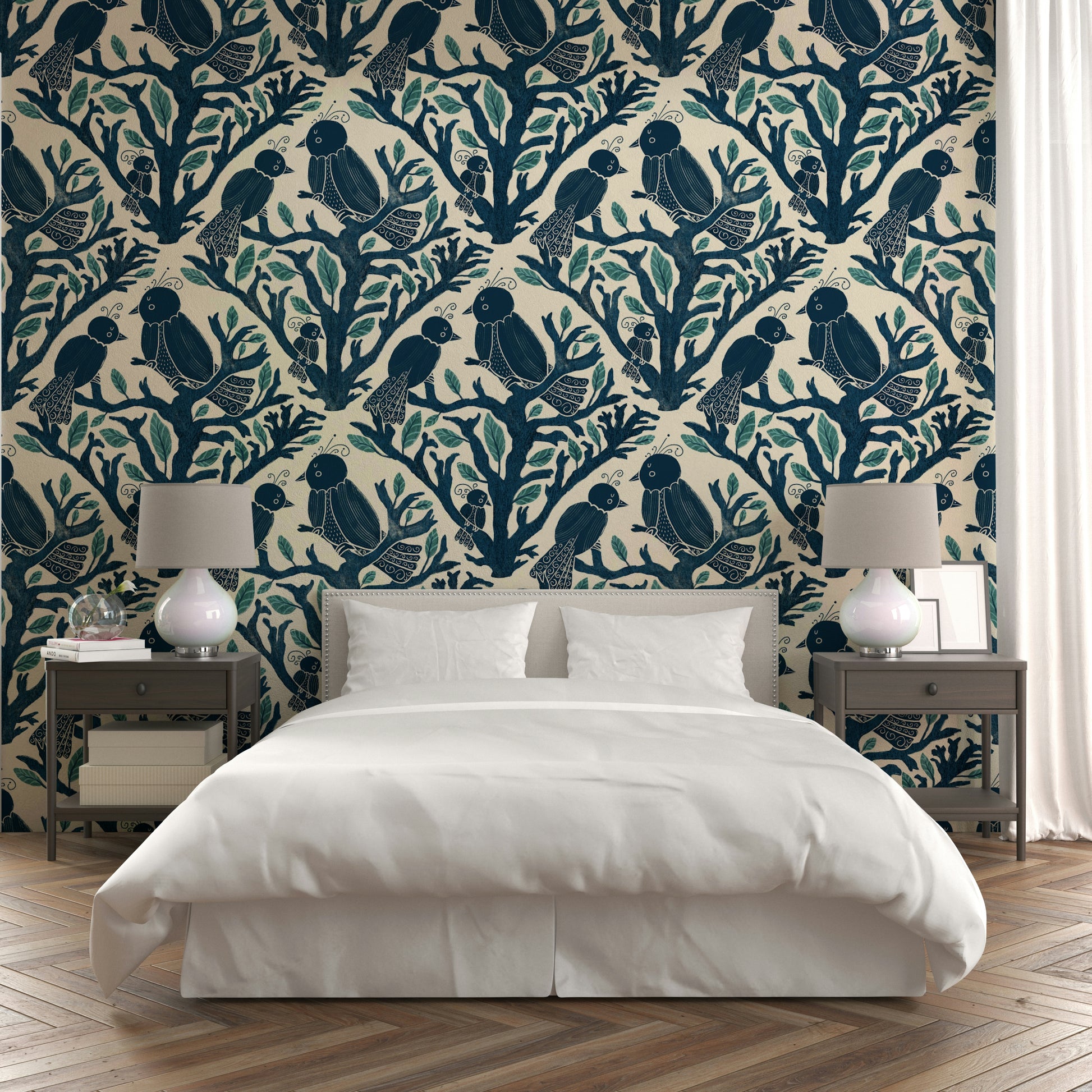 Whimsical aviary wallpaper with botanical details

