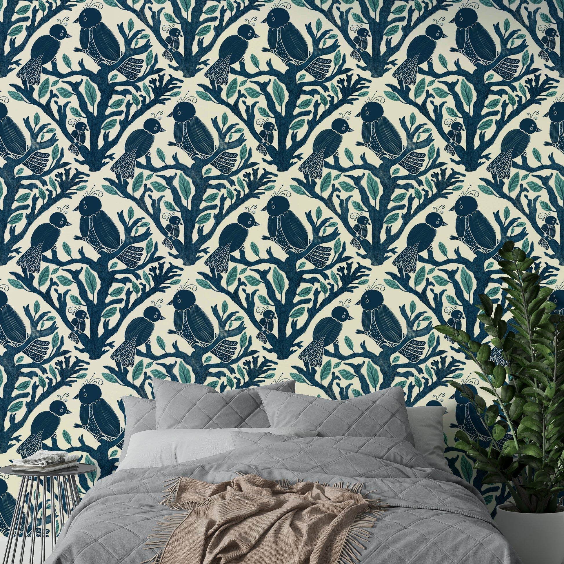 Illustrated aviary wallpaper for feature walls

