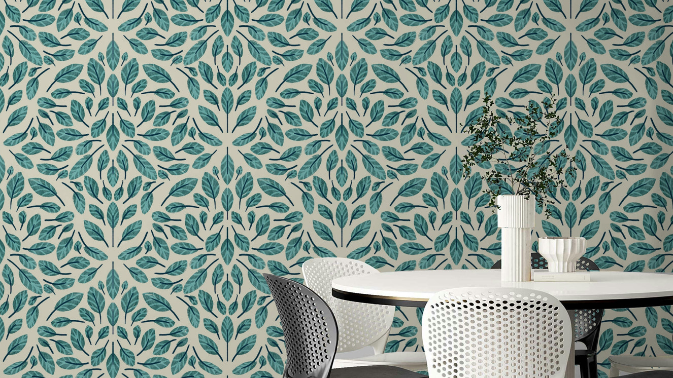 Botanical wallpaper featuring soft teal leaves

