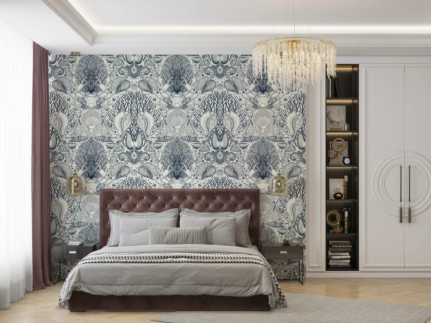 Ocean-inspired wallpaper with botanical elements

