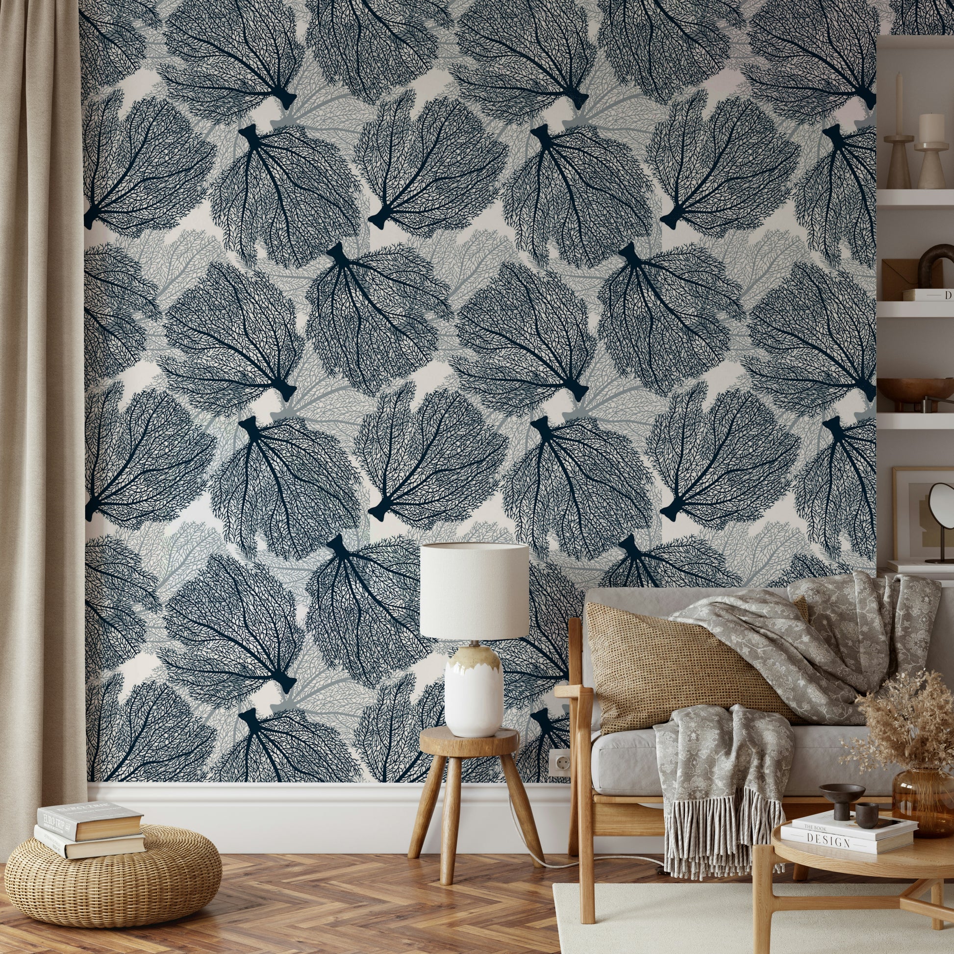 Sea life wallpaper with navy blue and white coral

