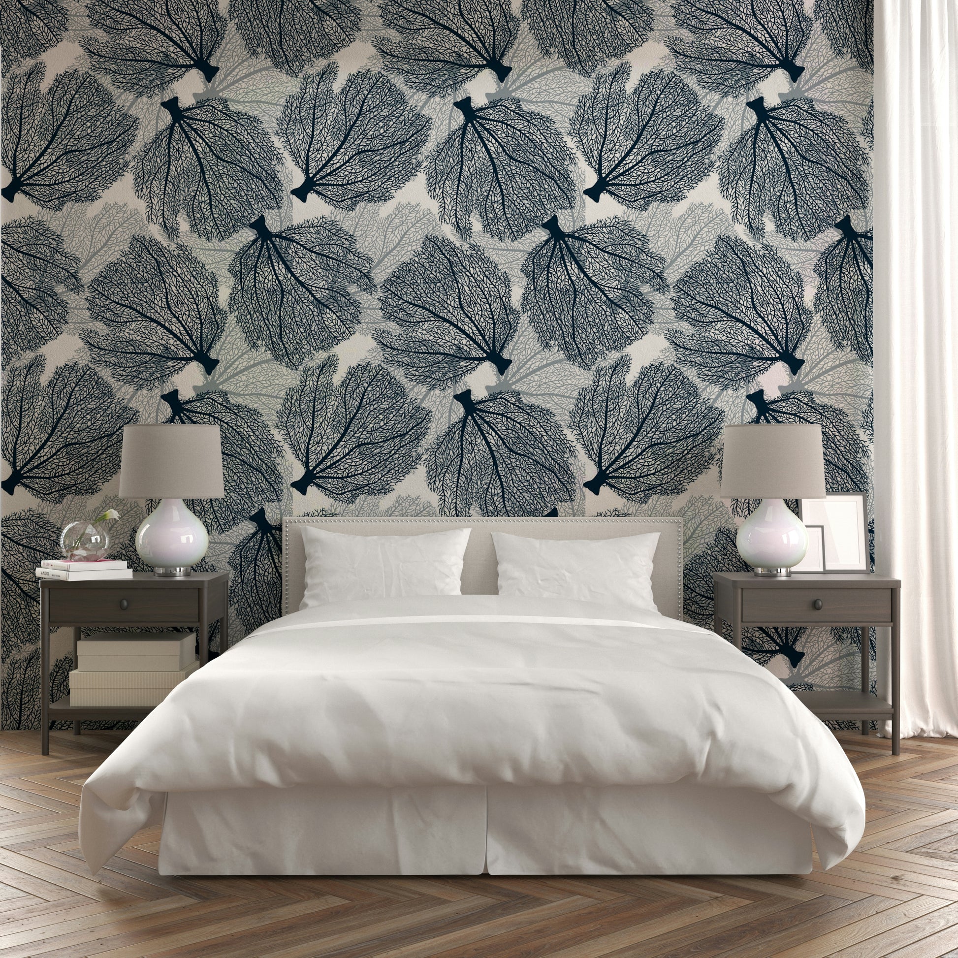 Marine botanical wallpaper in white and navy hues

