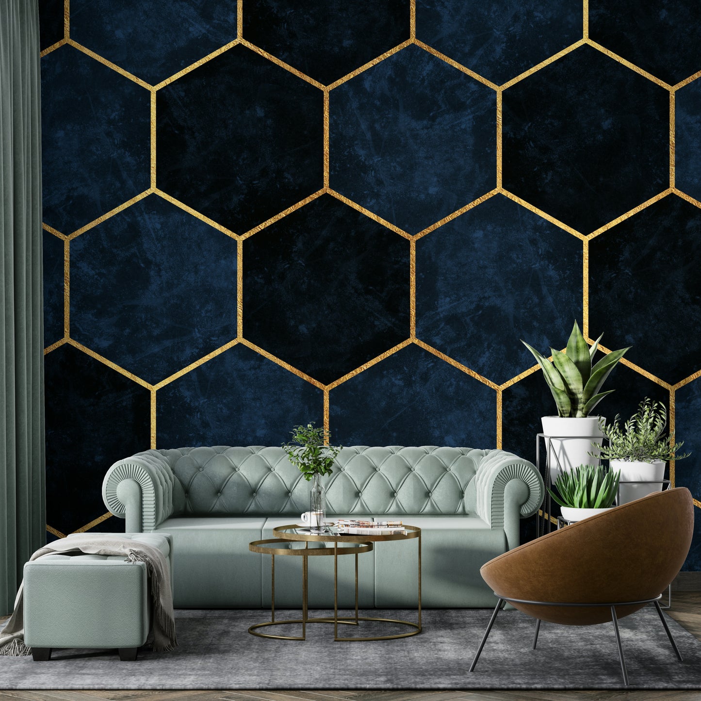 Sophisticated midnight blue wall mural with hexagon shapes.

