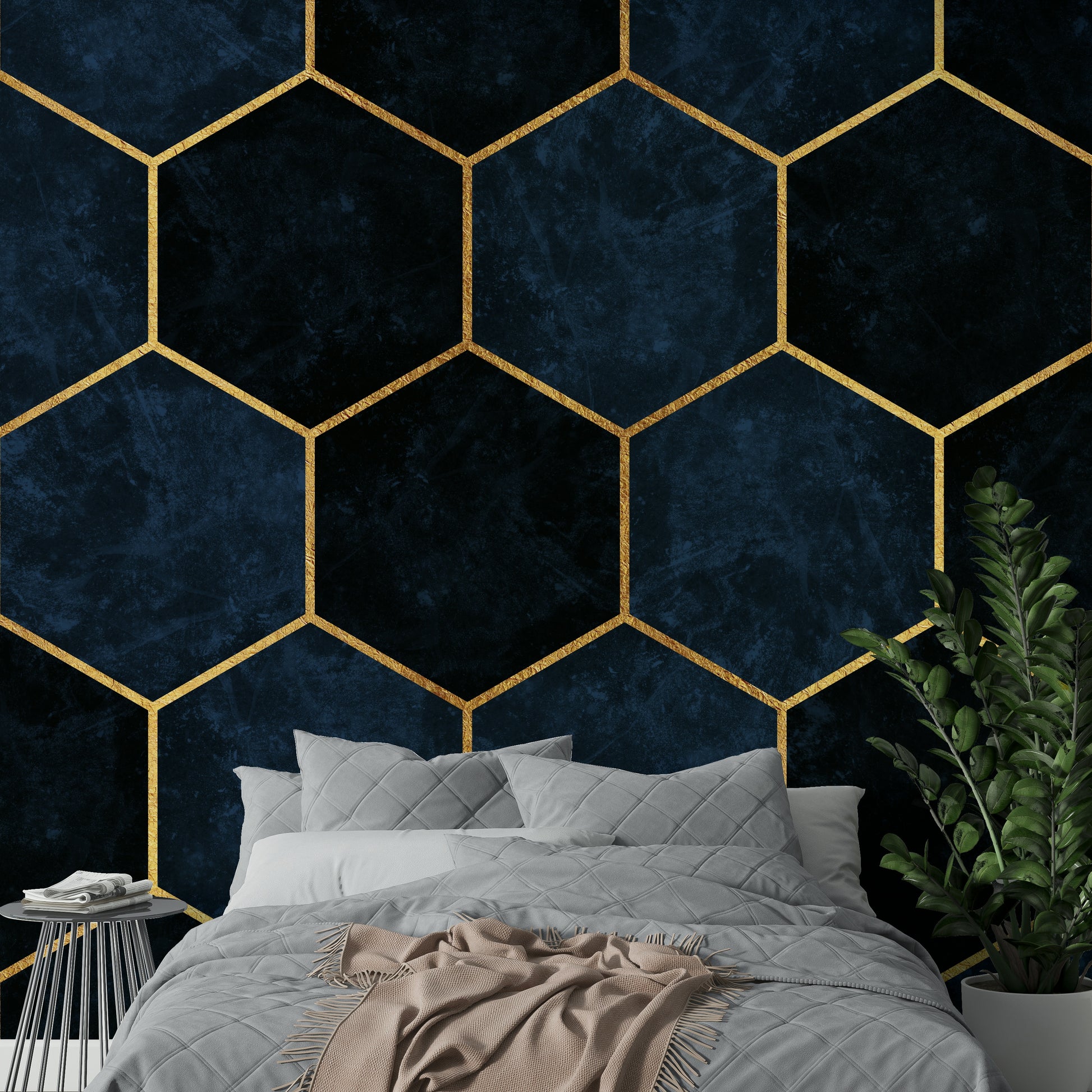 Luxury Midnight Blue wall mural with hexagonal design.

