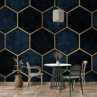Elegant geometric hexagon pattern mural in midnight blue.

