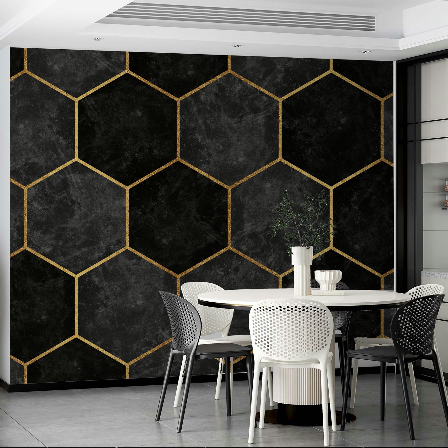 Urban Charcoal Hexagon wall mural with sharp geometric design.

