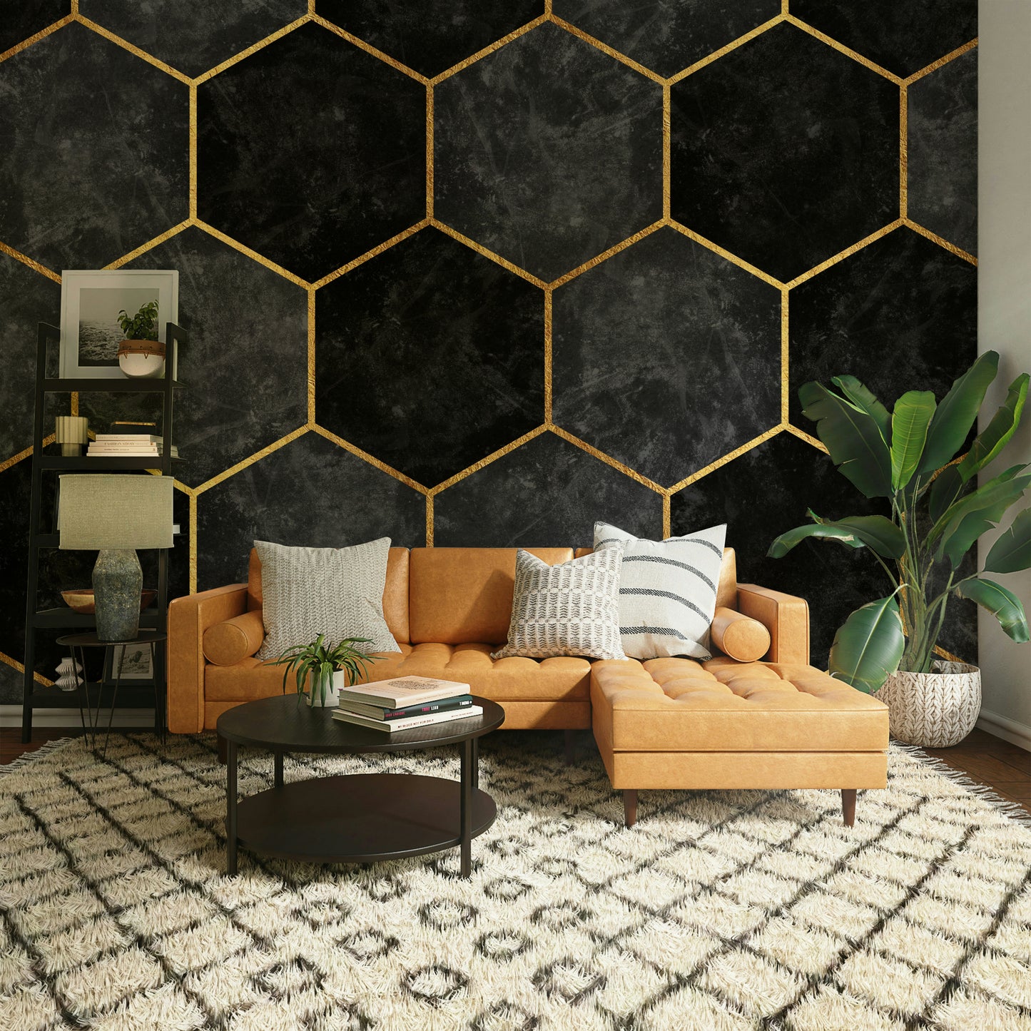 Modern geometric mural in dark charcoal and gold tones.

