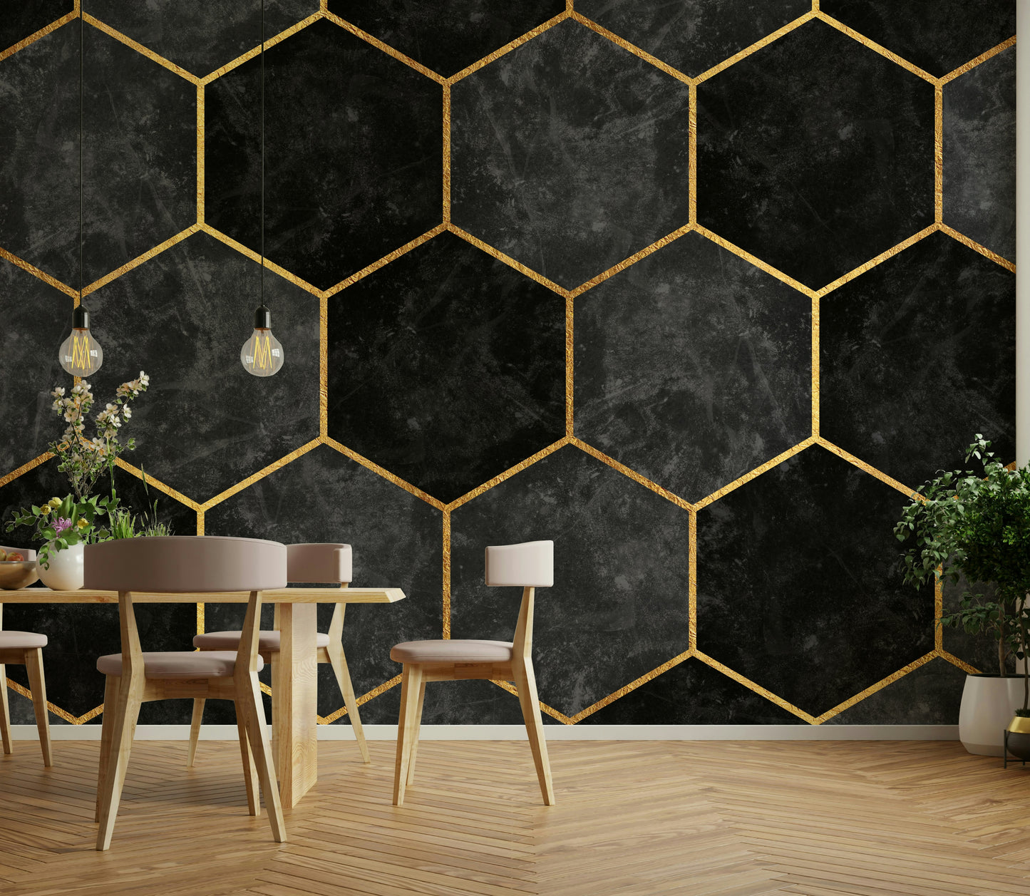 Sleek hexagon pattern mural for adding sophistication to rooms.


