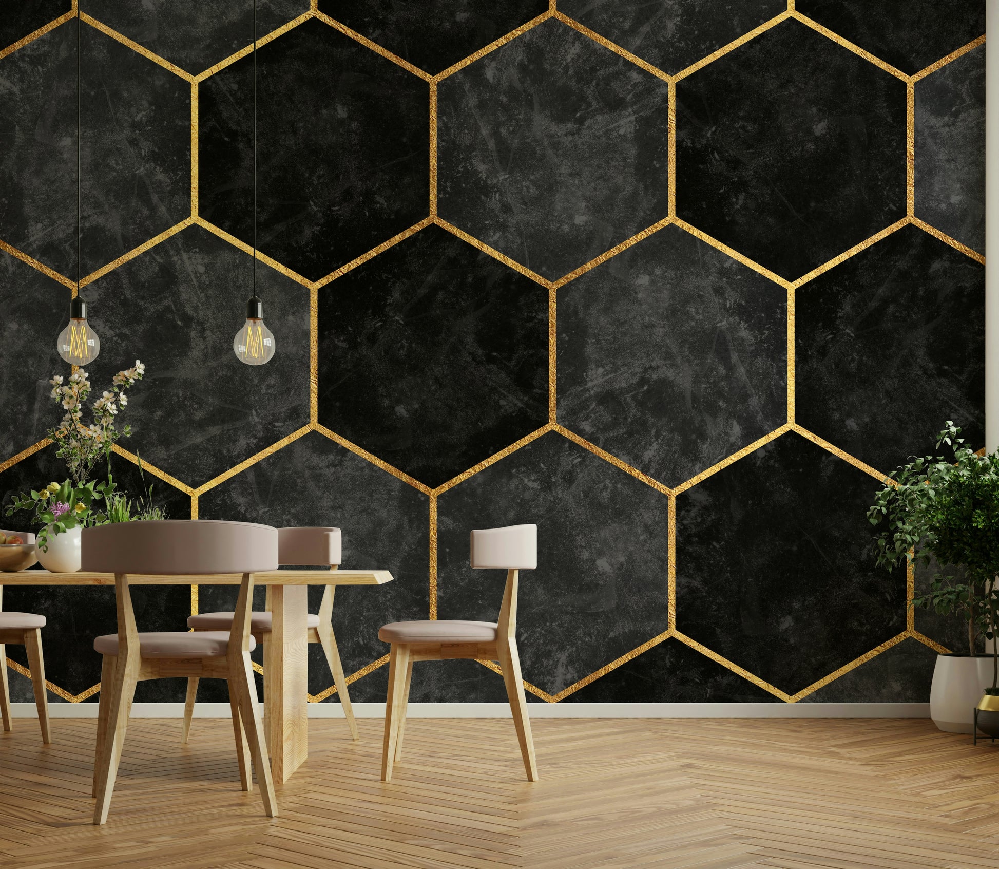 Sleek hexagon pattern mural for adding sophistication to rooms.

