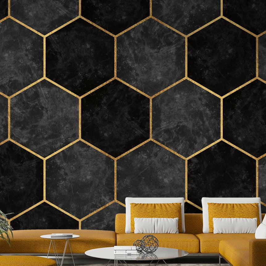 Dark charcoal hexagon pattern wallpaper for contemporary spaces.

